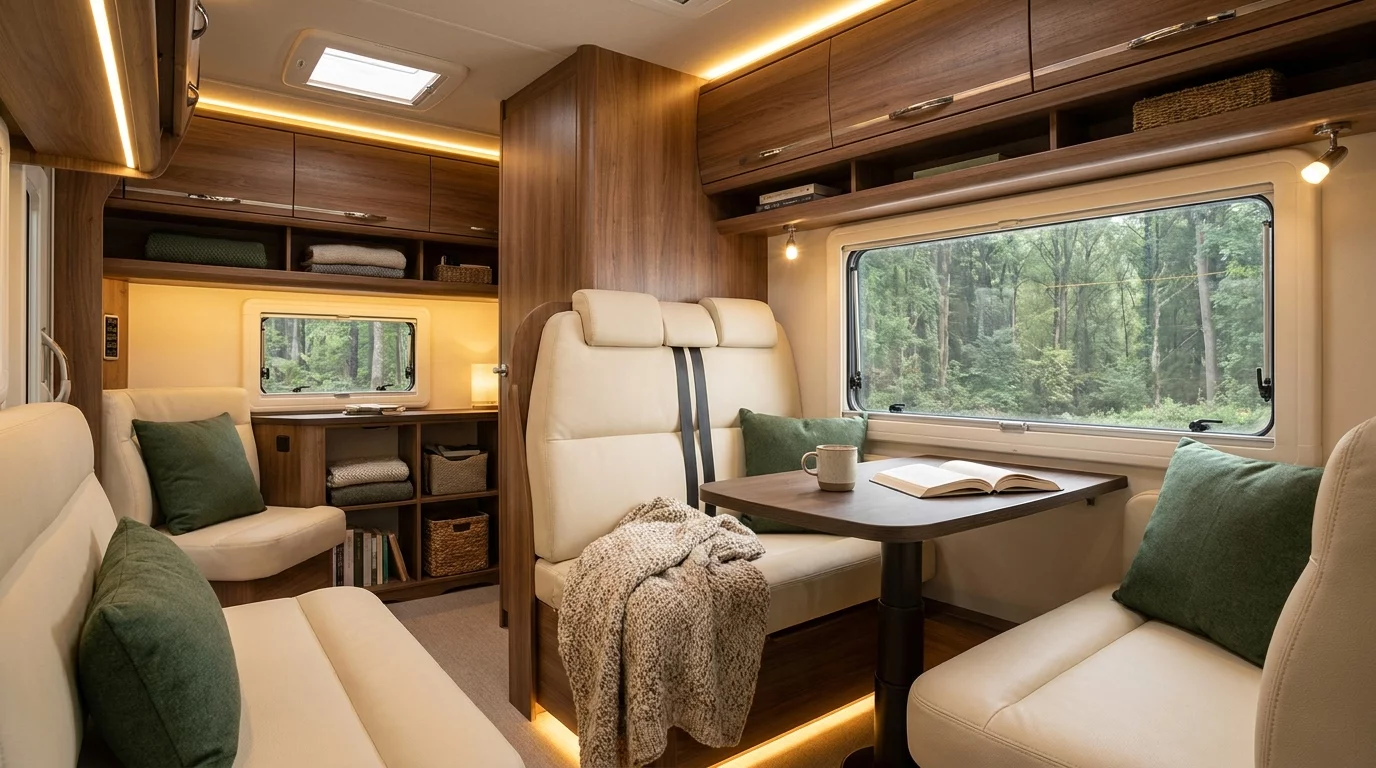 Interieur camping-car amenage avec accessoires confort